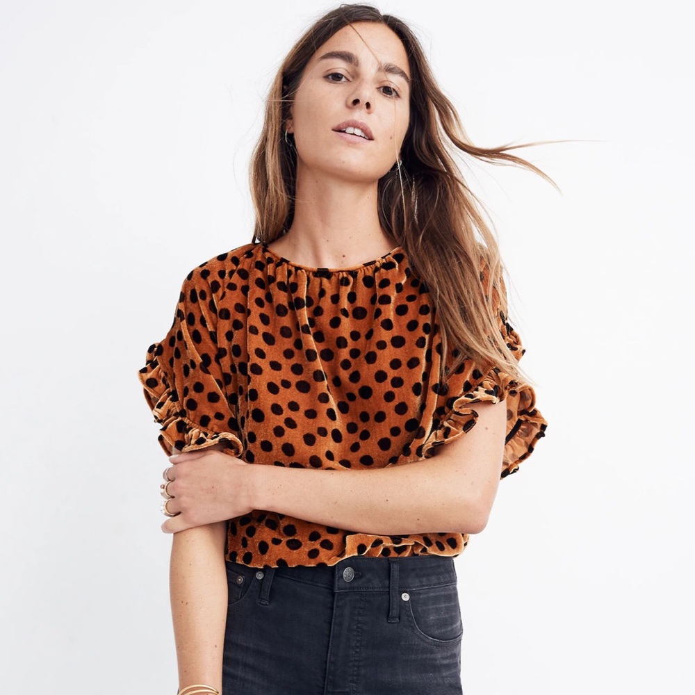 Madewell Rust Brown Polka Dot Ruffle Sleeve Top